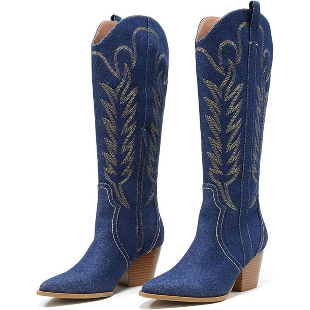 Arromic Denim Cowgirl Boots, Embroidered Women Knee High Tall Pointed Toe SZ 7.5